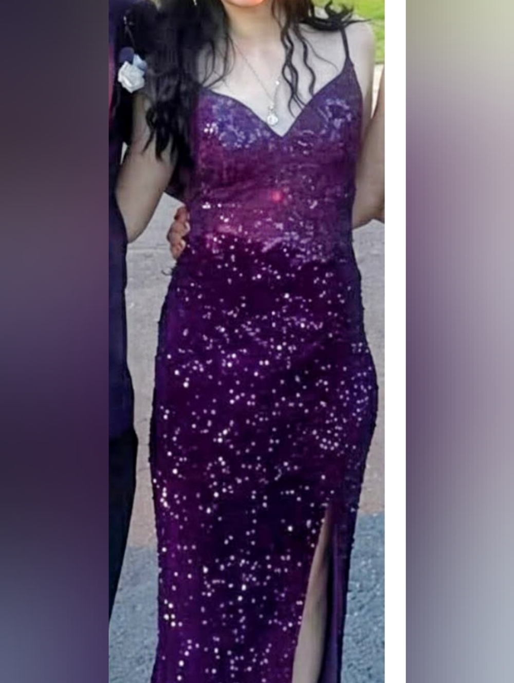 Elegant Purple Sequin Spaghetti Strap Evening Dress